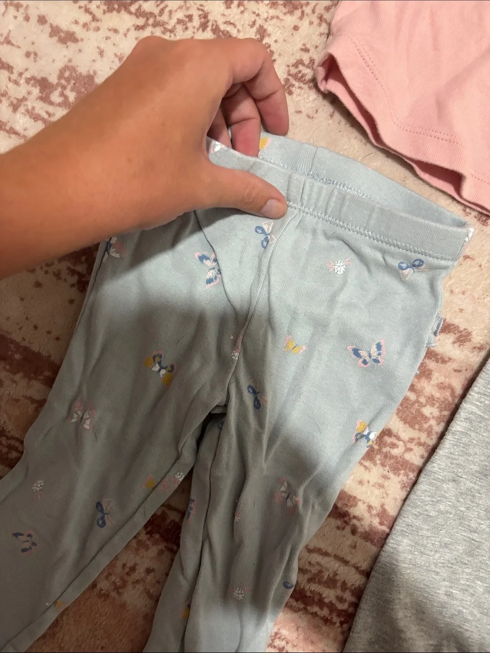 Kids Pink Long-Sleeve Top with Gray and Light Blue Pajama Pants Set